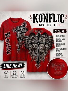 Konflic XL Red Graphic Cross T-Shirt Gothic Y2K Tattoo Streetwear Tee